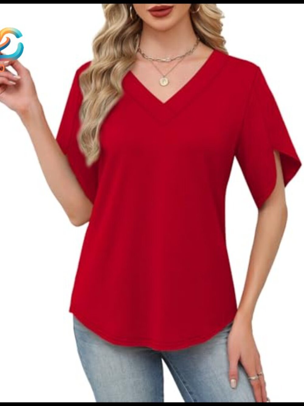 Petite V-Neck Peasant Top with Split Petal Sleeves, Lightweight Polyester Blend - Picture 3 of 7